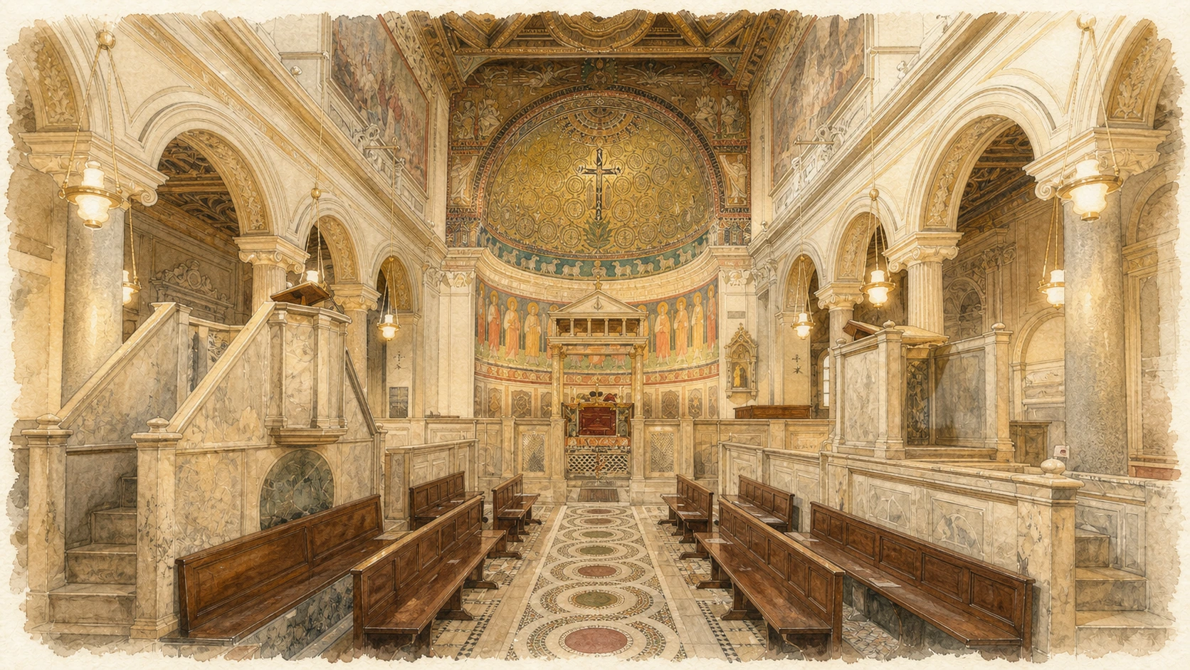 Original documentary watercolour of the upper Basilica of San Clemente with its schola cantorum and apse mosaic