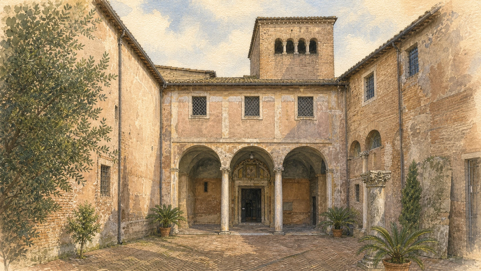 Original documentary watercolour of the fortified entrance tower and courtyards of Santi Quattro Coronati