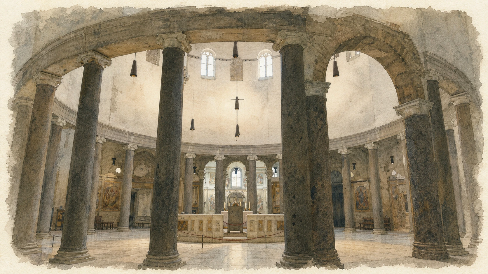 Original documentary watercolour of the concentric columned interior of Santo Stefano Rotondo