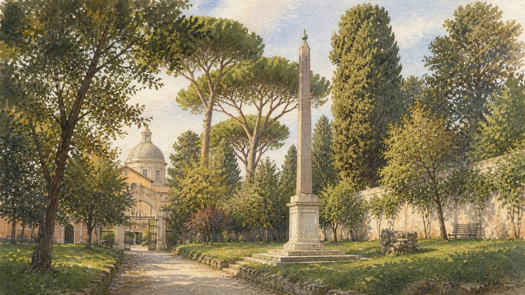 Original documentary watercolour of Villa Celimontana with its shaded avenues and Mattei Obelisk