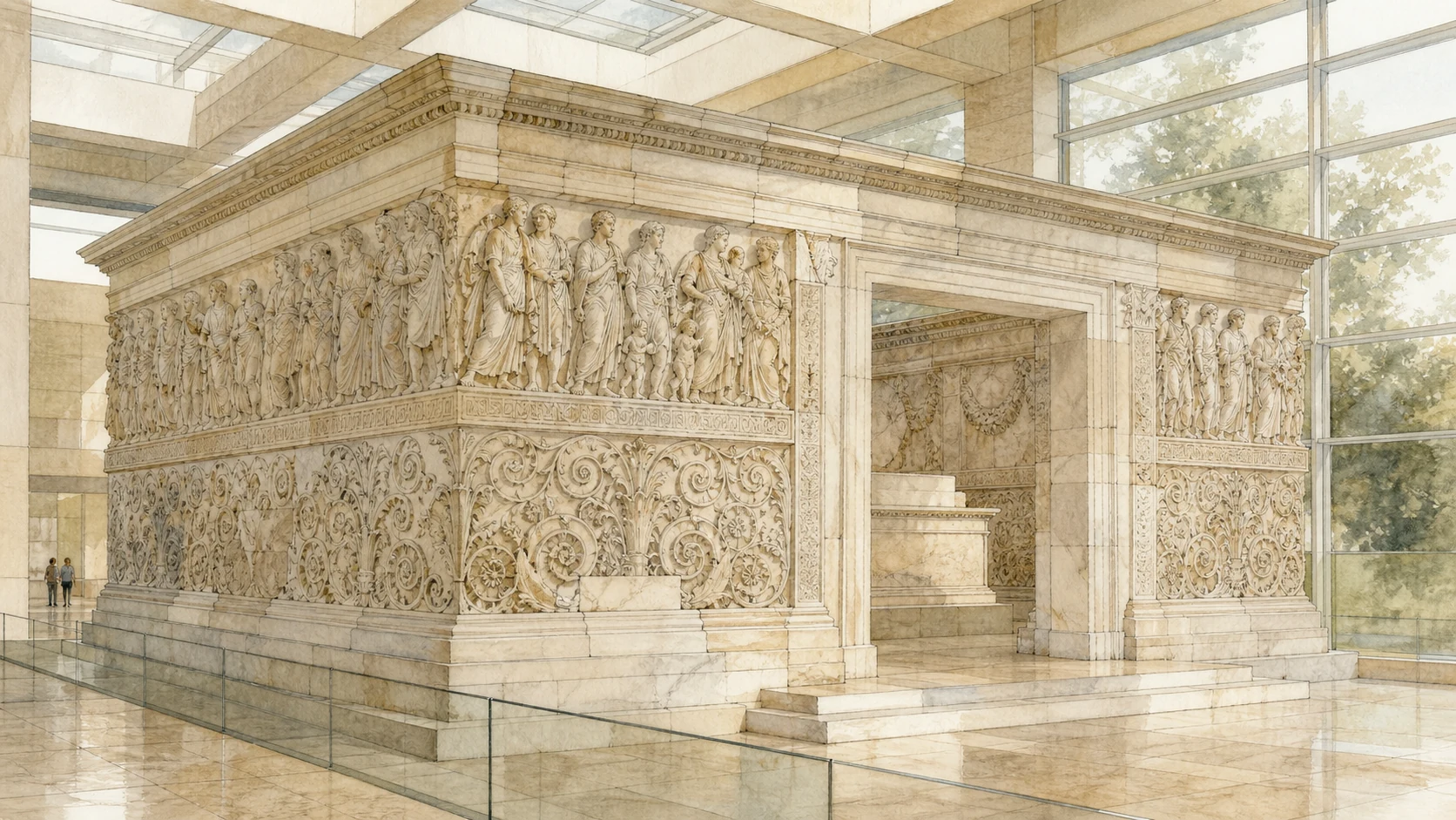 Original documentary watercolour of the Ara Pacis enclosure and processional reliefs inside the modern museum