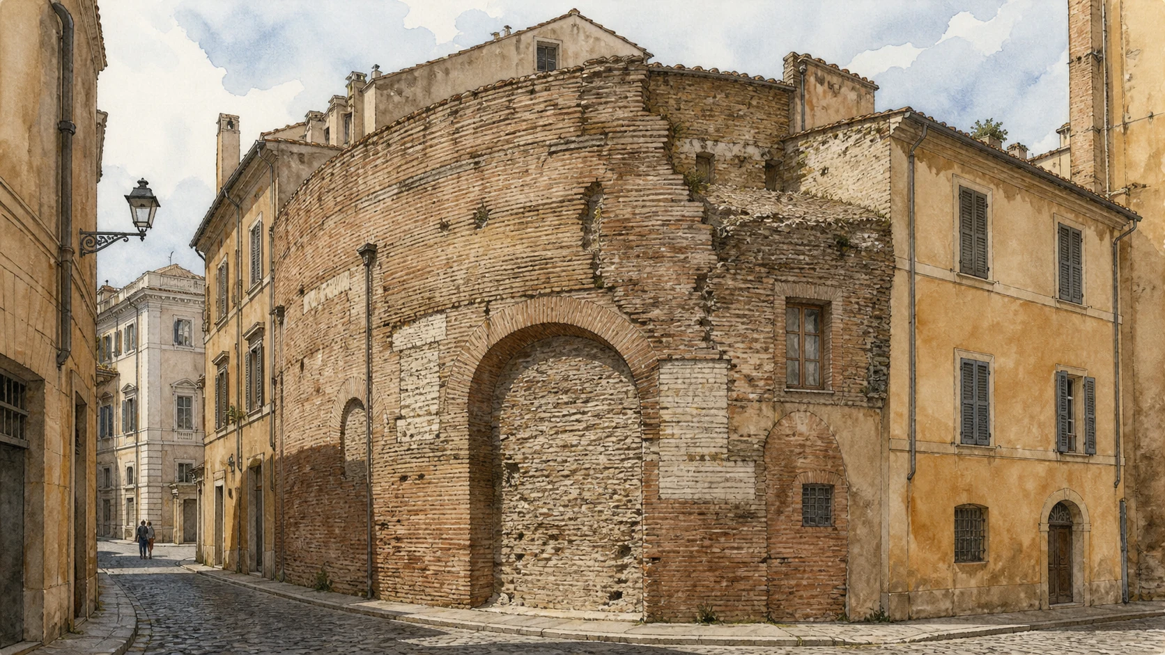 Original documentary watercolour of the curved brick remnant of the Baths of Agrippa in Via dell'Arco della Ciambella