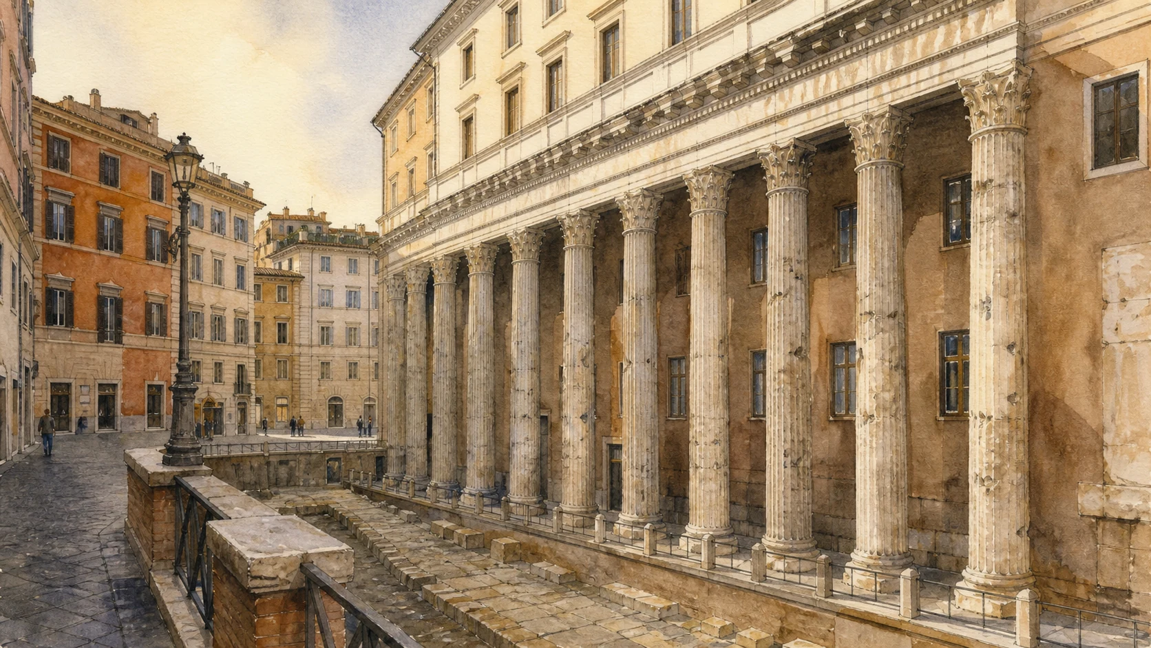 Original documentary watercolour of the eleven Hadrianeum columns incorporated into the building on Piazza di Pietra
