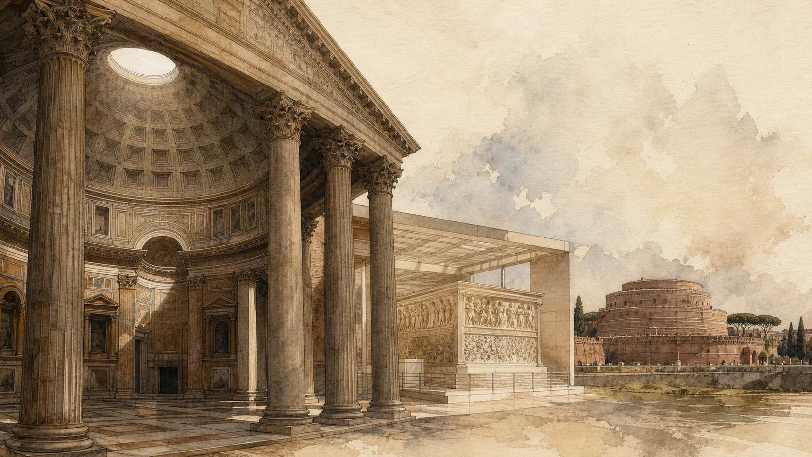 Documentary watercolour of the Pantheon and Campo Marzio