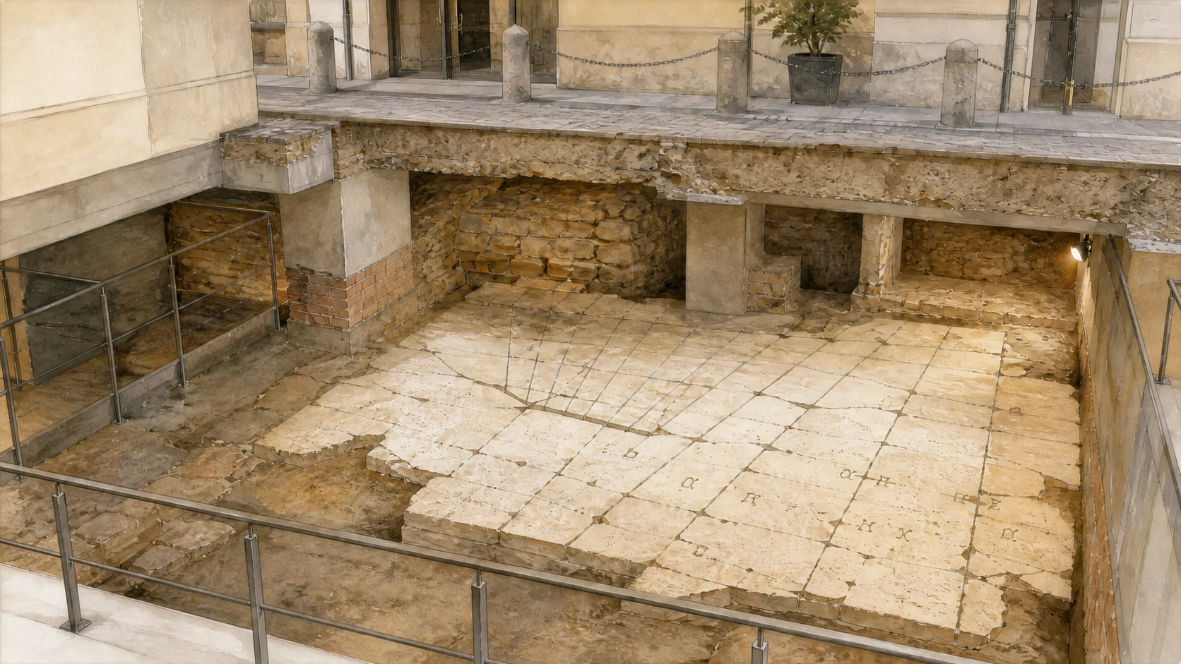 Original documentary watercolour of the excavated meridian pavement with Greek inscriptions beneath the modern Campo Marzio