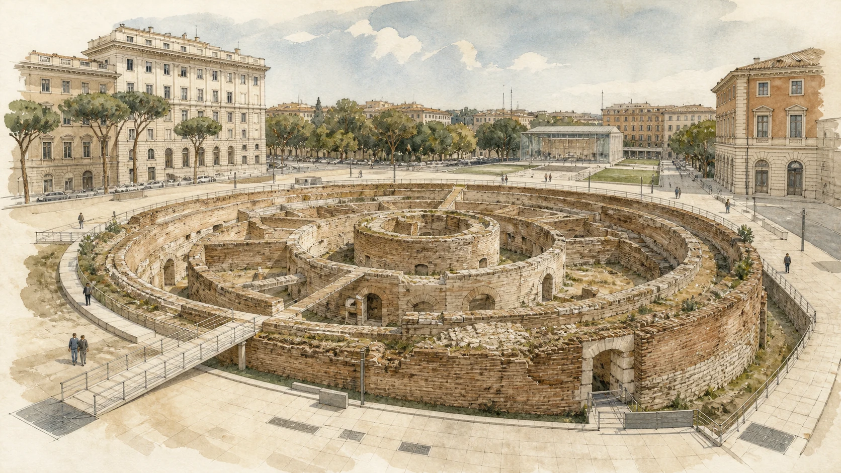 Original documentary watercolour of the concentric ruins of the Mausoleum of Augustus in the renewed Piazza Augusto Imperatore