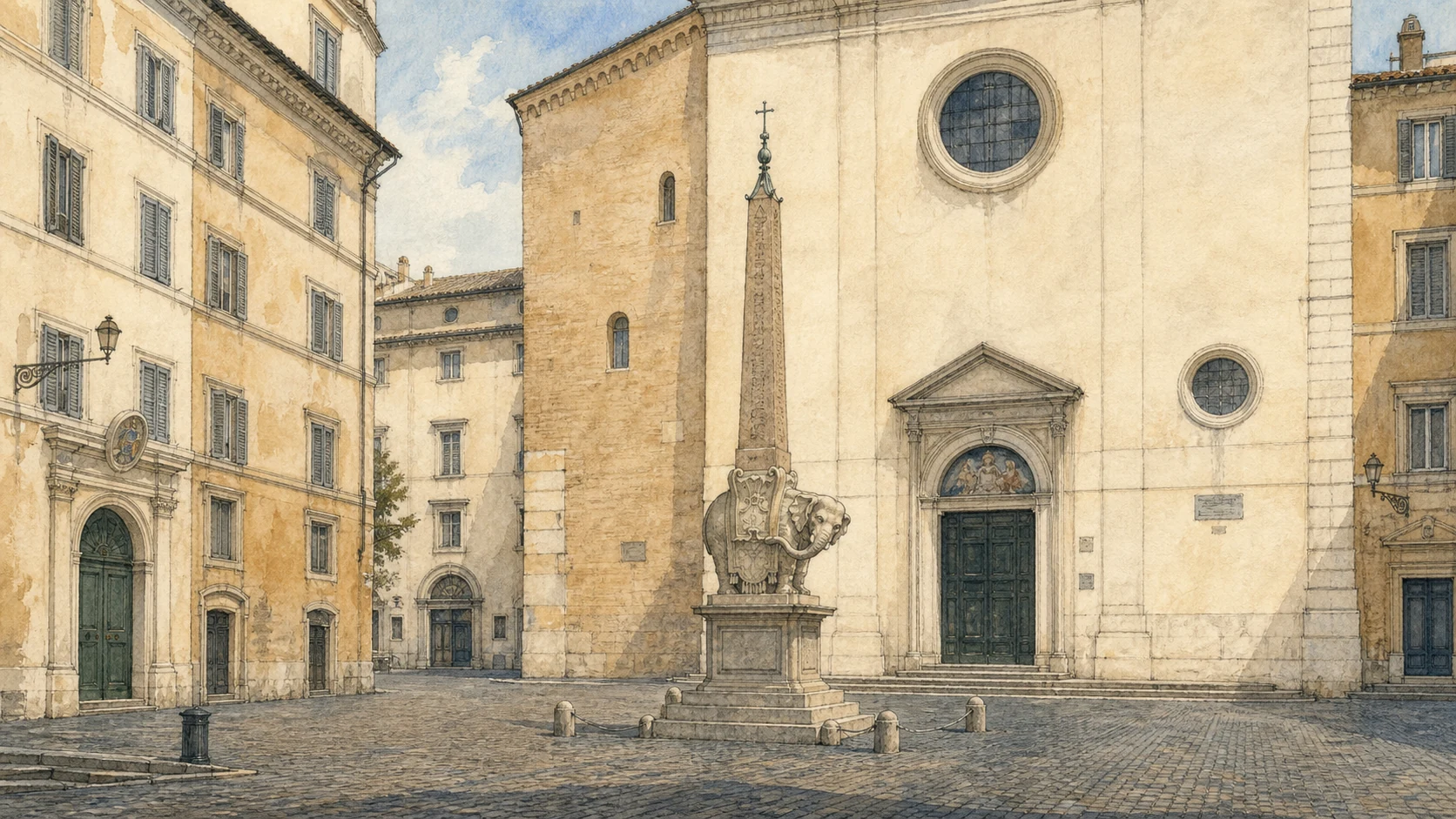 Original documentary watercolour of Piazza della Minerva with Bernini's elephant obelisk and the church façade