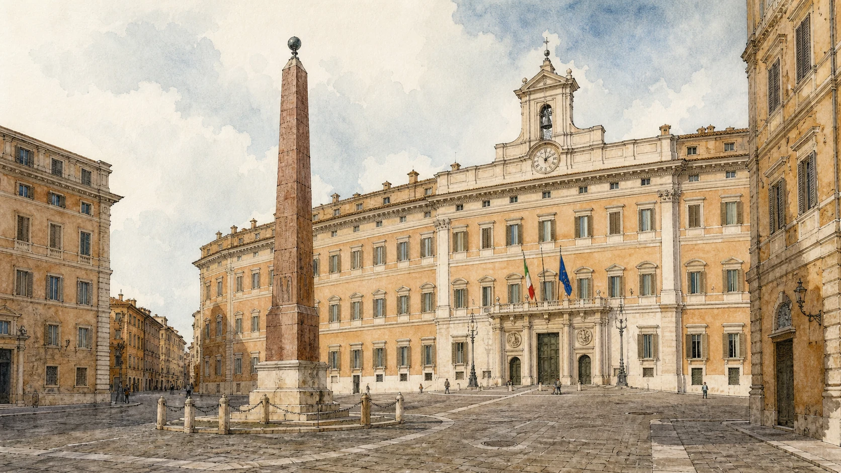 Original documentary watercolour of the Campense Obelisk in Piazza Montecitorio before the Italian Parliament