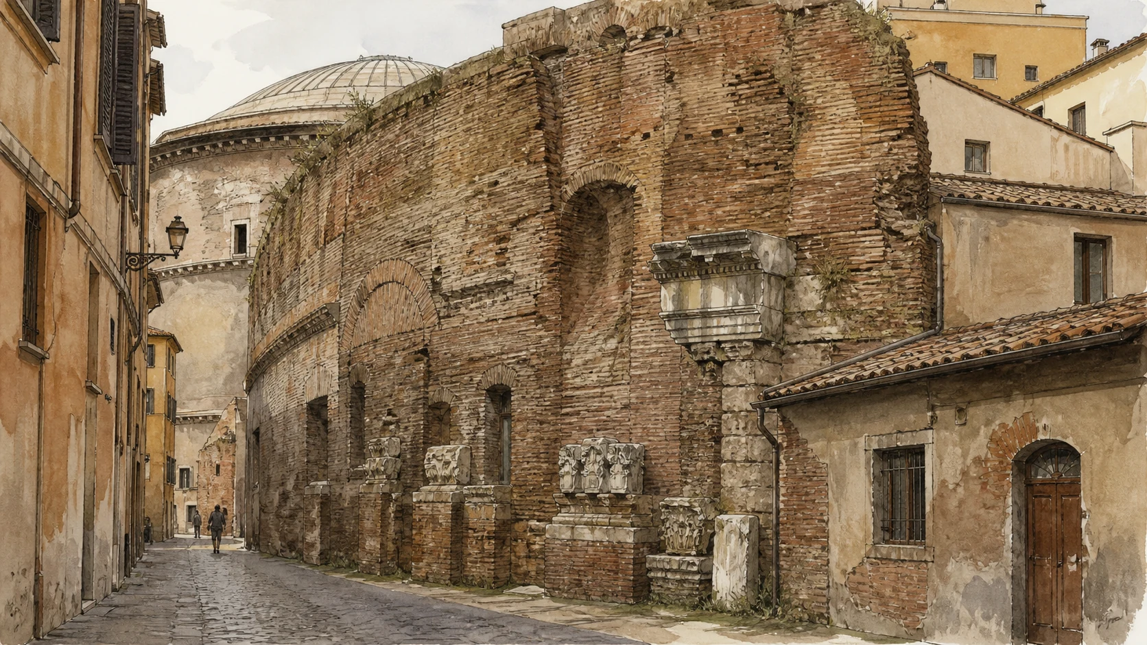 Original documentary watercolour of the surviving Basilica of Neptune wall behind the Pantheon in Via della Palombella