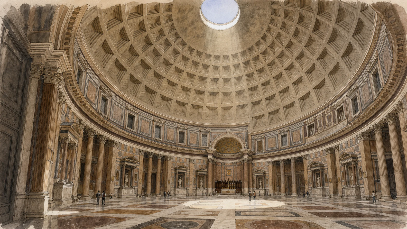 Original documentary watercolour of the Pantheon interior with its coffered dome, oculus and patterned floor