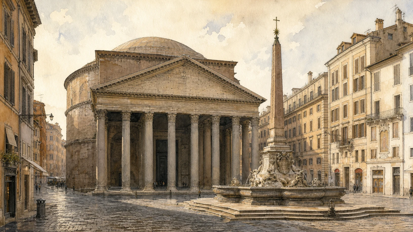 Original documentary watercolour of Piazza della Rotonda with the Macuteo Obelisk fountain before the Pantheon portico