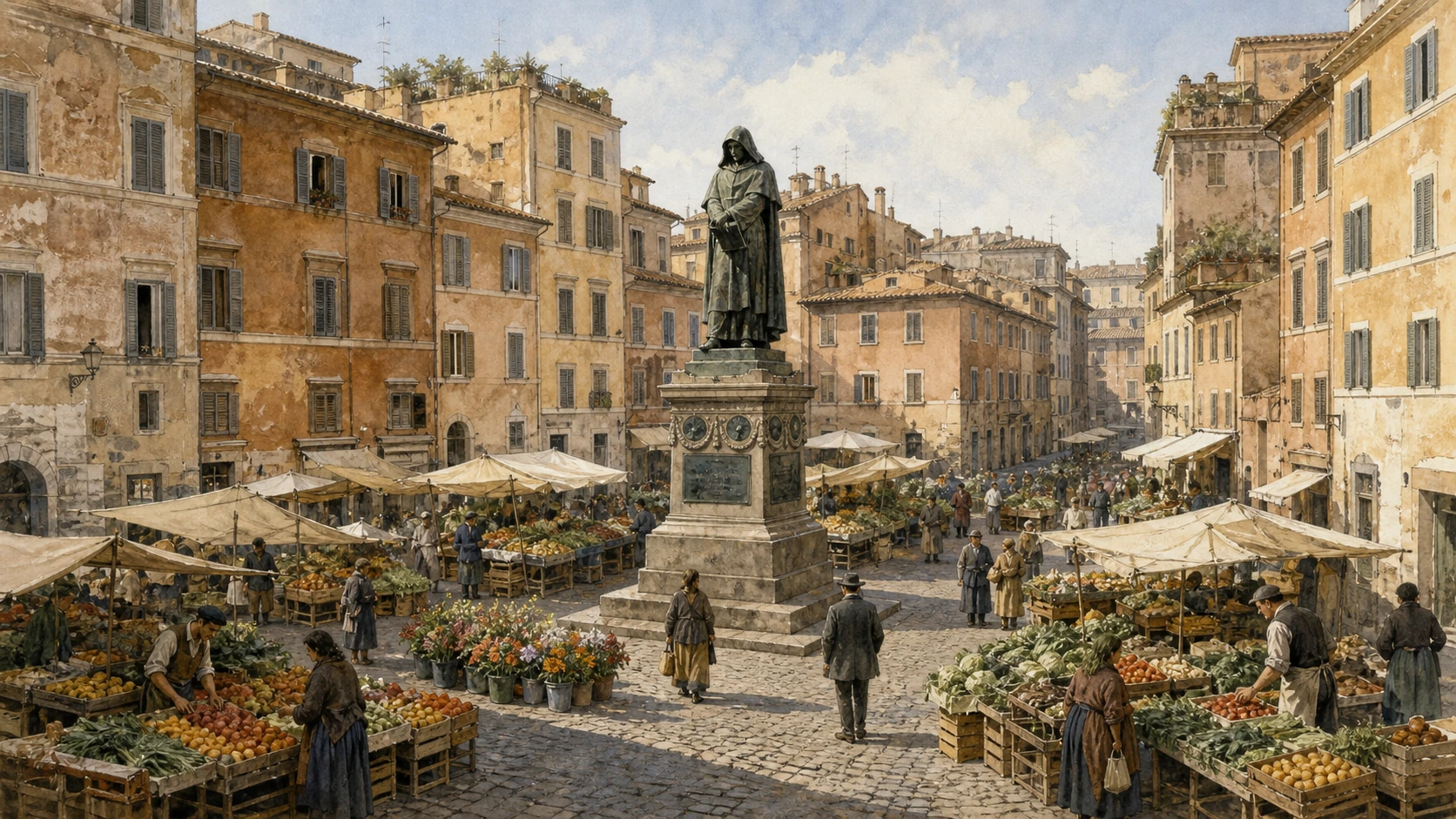 Original documentary watercolour of the Campo de’ Fiori market around the Giordano Bruno monument