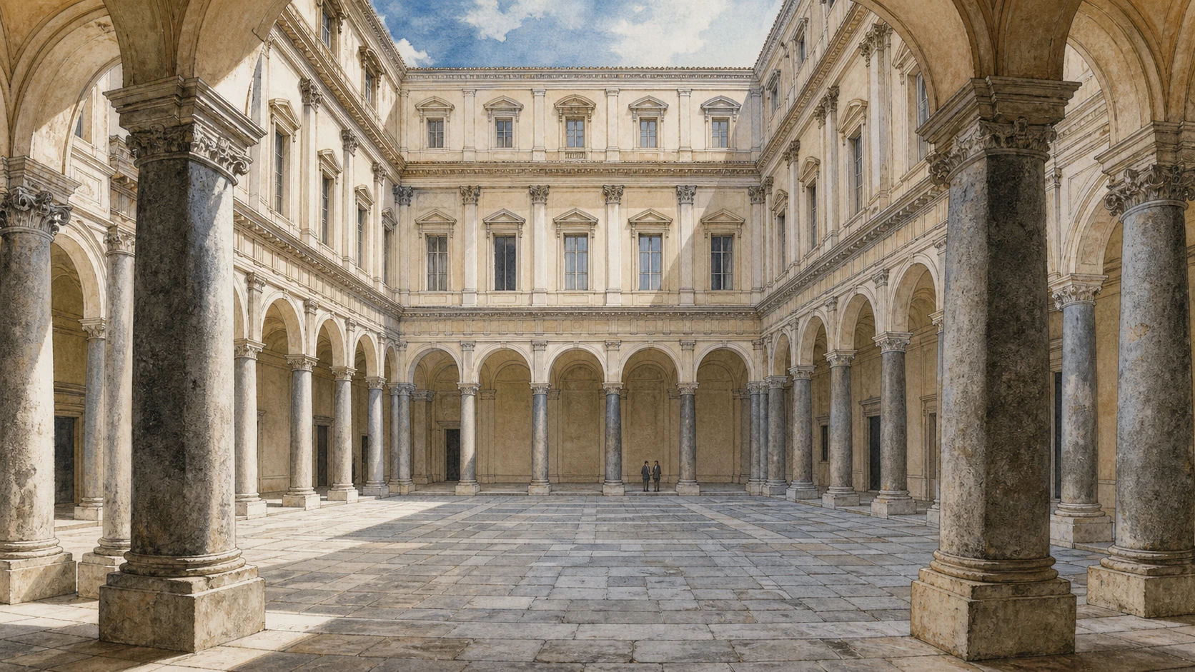 Original documentary watercolour of the arcaded Renaissance courtyard of Palazzo della Cancelleria