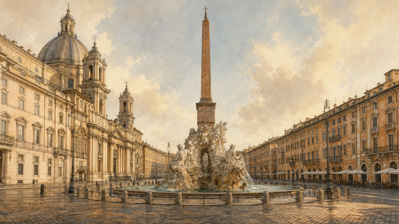 Original documentary watercolour of Bernini's Fountain of the Four Rivers and the Agonale Obelisk in Piazza Navona