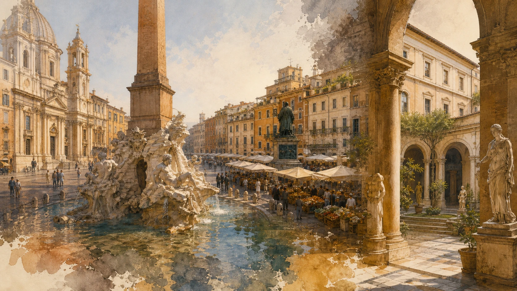 Documentary watercolour of Piazza Navona, Campo de’ Fiori and Palazzo Altemps