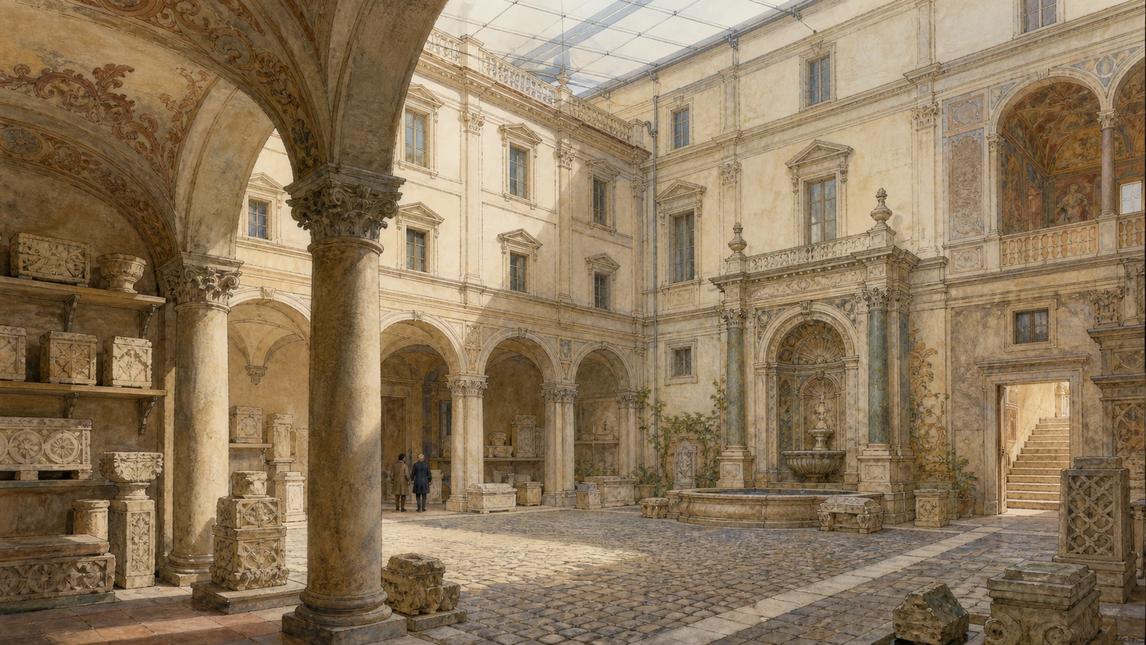 Original documentary watercolour of the Palazzo Altemps courtyard with Roman statues displayed beneath its arcades