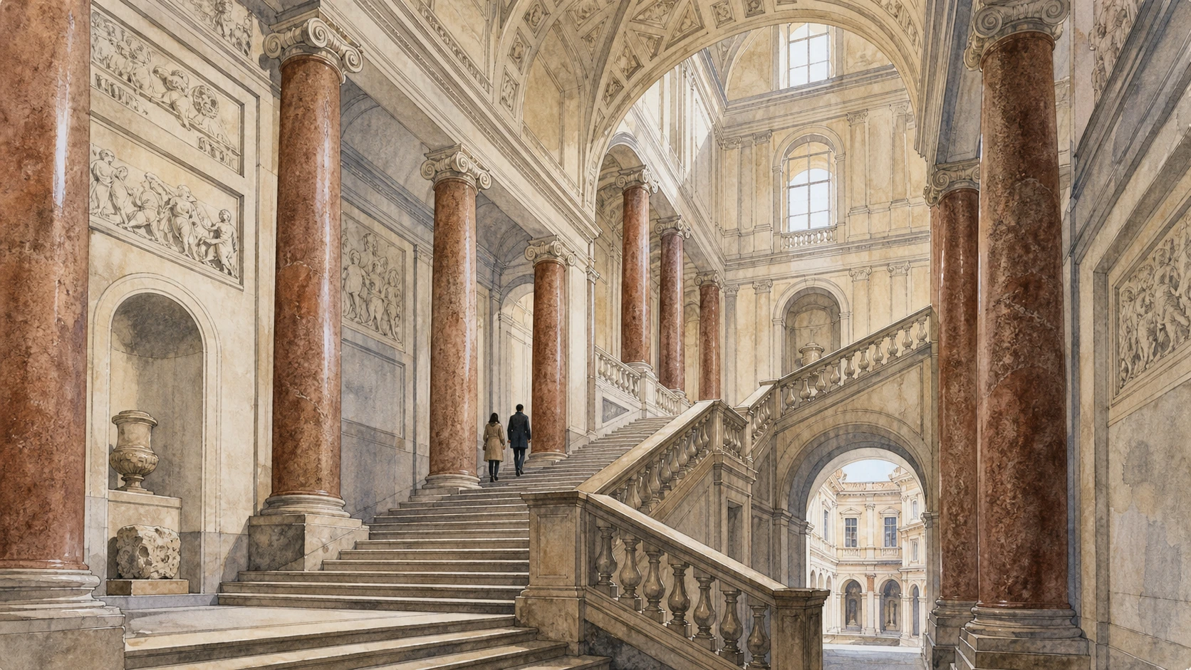 Original documentary watercolour of the monumental staircase and red granite columns inside Palazzo Braschi
