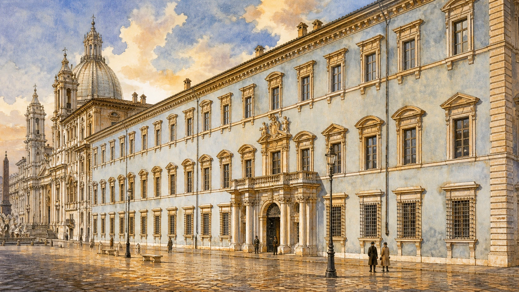 Original documentary watercolour of the long façade and portal of Palazzo Pamphilj on Piazza Navona