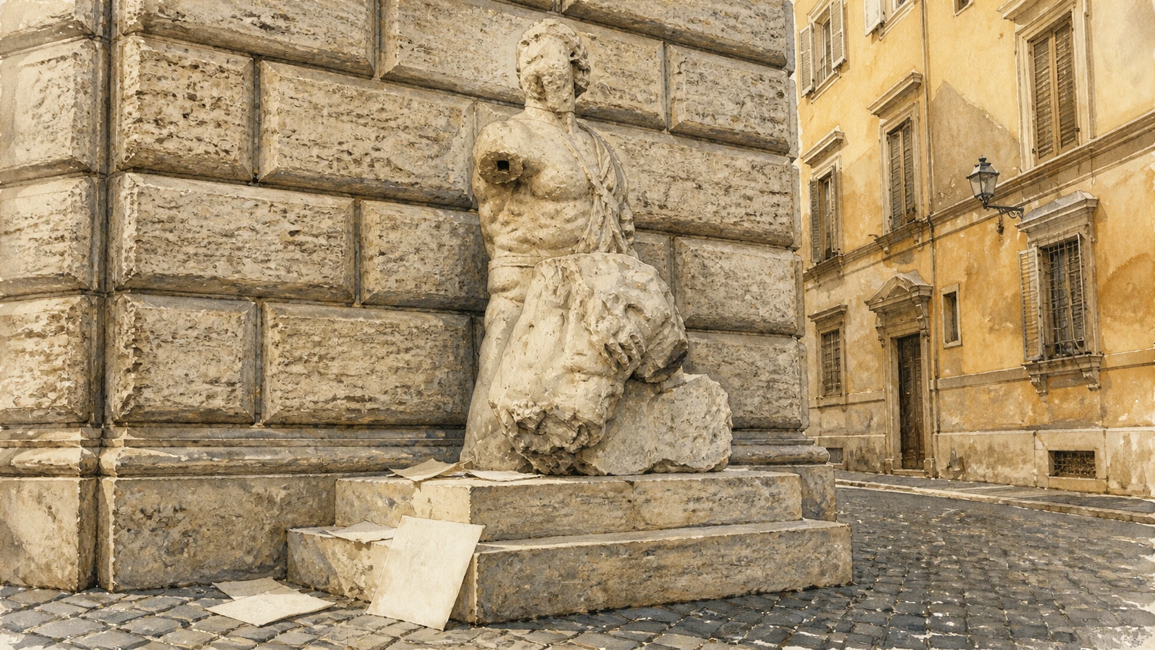 Original documentary watercolour of the weathered Pasquino sculptural group beside Palazzo Braschi
