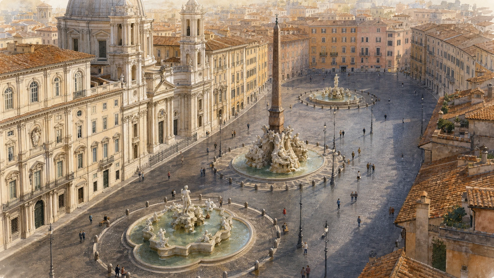 Original documentary watercolour showing the full elongated space of Piazza Navona and its three-fountain axis