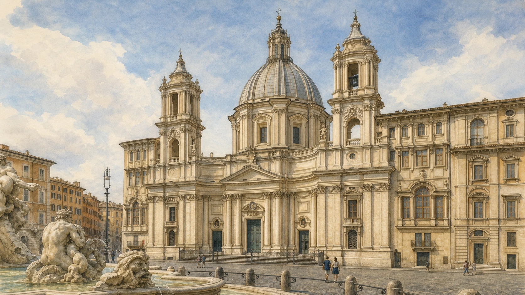 Original documentary watercolour of the concave façade, twin towers and dome of Sant’Agnese in Agone