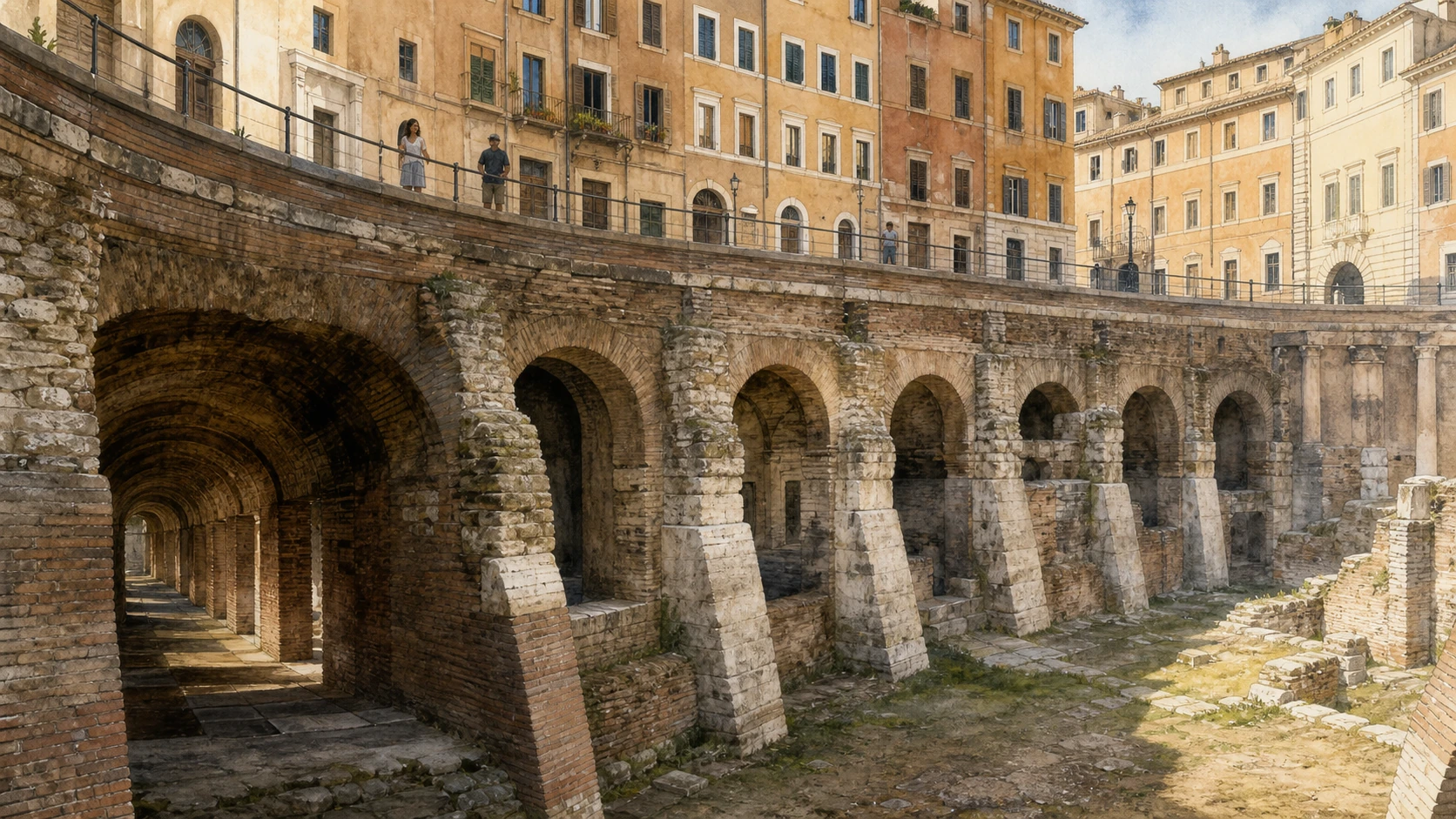 Original documentary watercolour of the excavated arcades of Domitian's Stadium below the northern curve of Piazza Navona