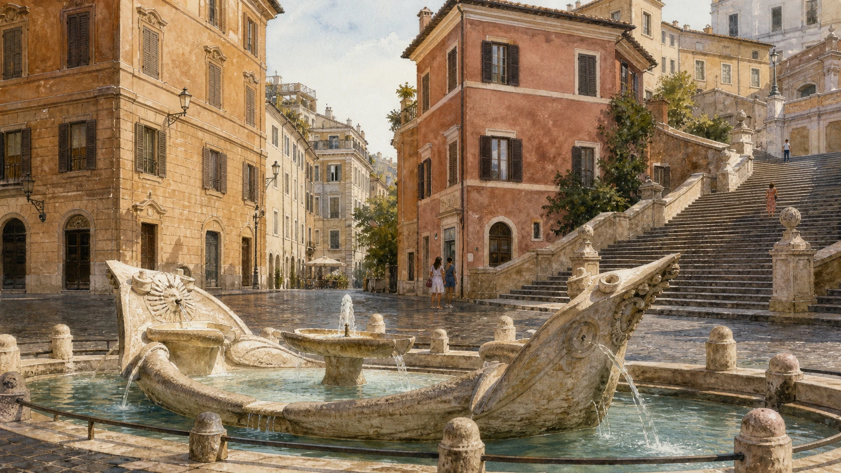 Original documentary watercolour of the Barcaccia fountain and Keats–Shelley House at Piazza di Spagna
