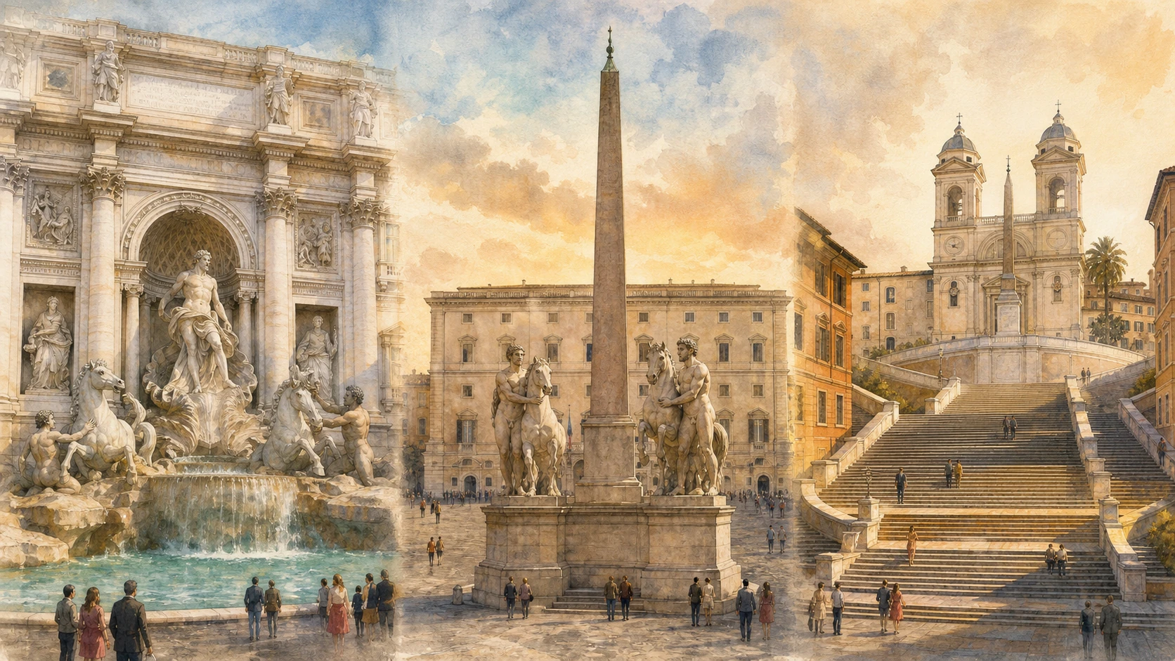 Documentary watercolour of Trevi, the Quirinal and the Spanish Steps