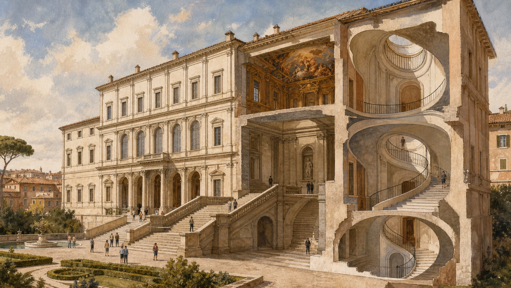Original documentary watercolour of Palazzo Barberini’s façade and helicoidal staircase