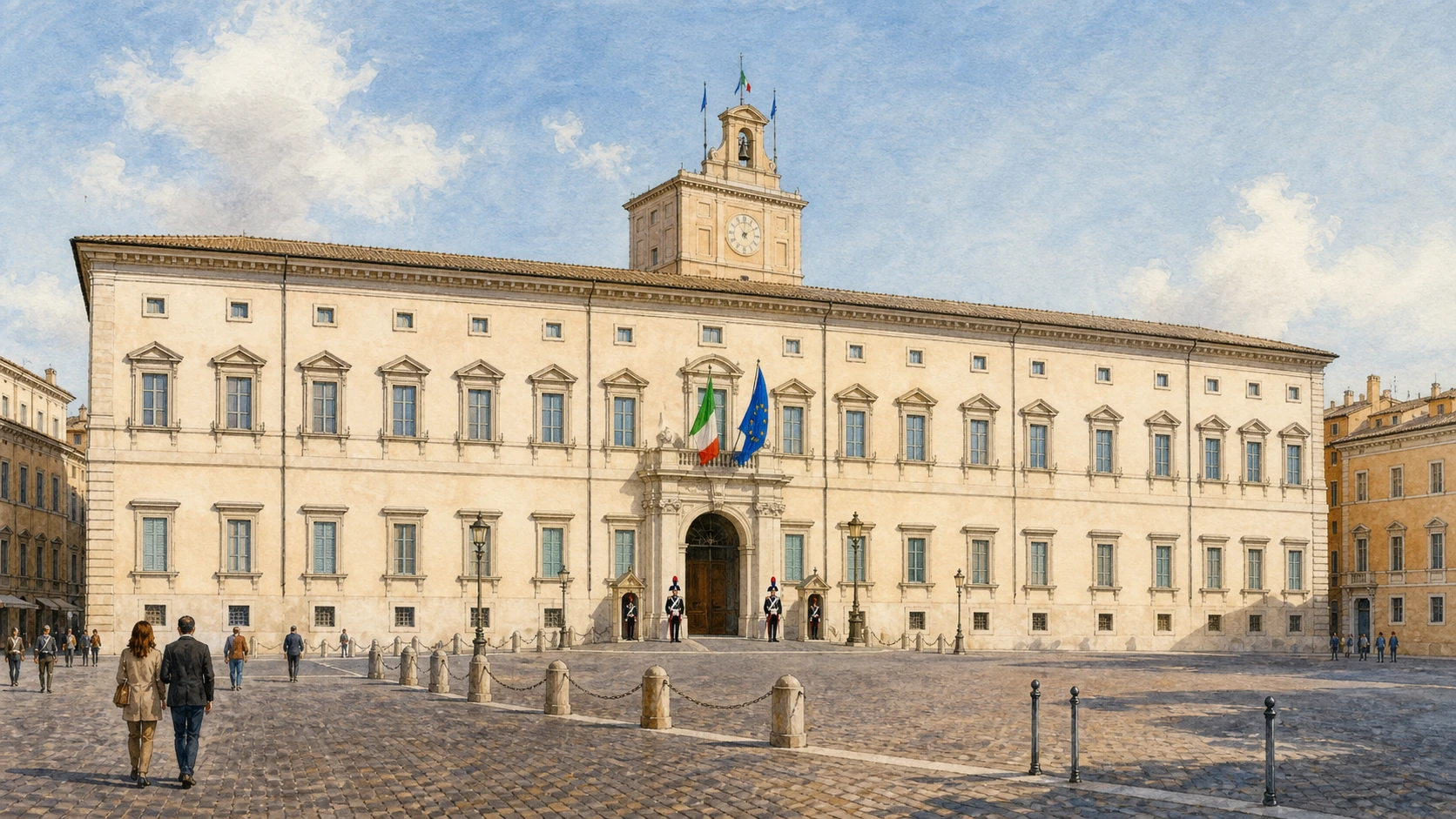 Original documentary watercolour of the Quirinal Palace façade, balcony and presidential flags