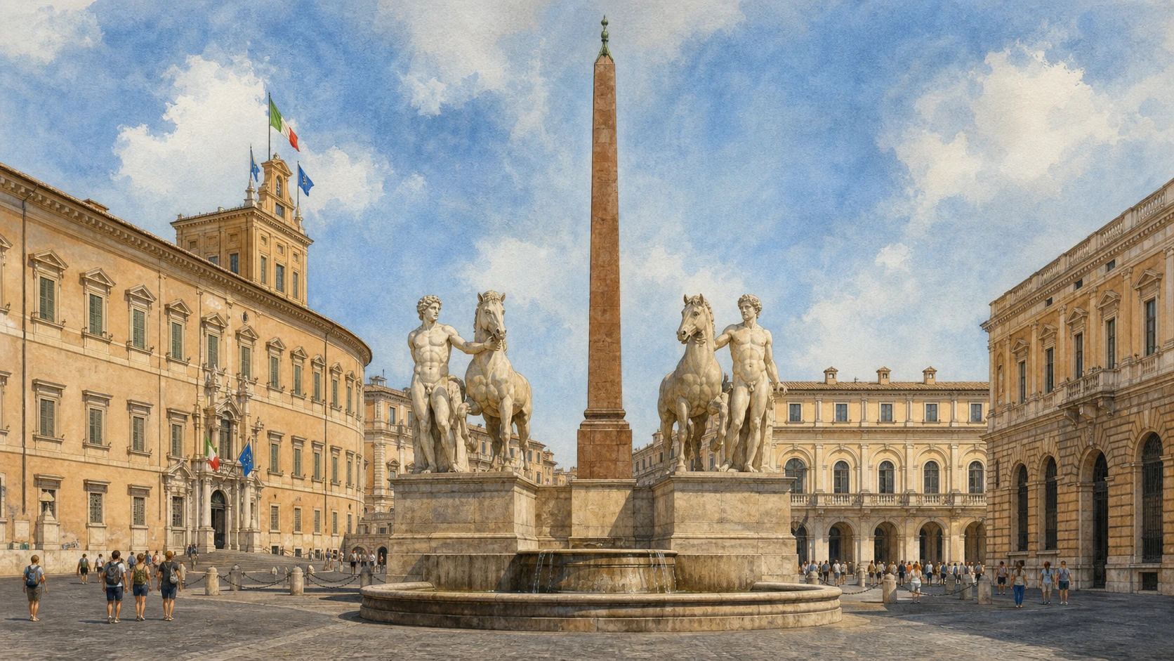 Original documentary watercolour of the Quirinal Dioscuri, obelisk, fountain and Scuderie