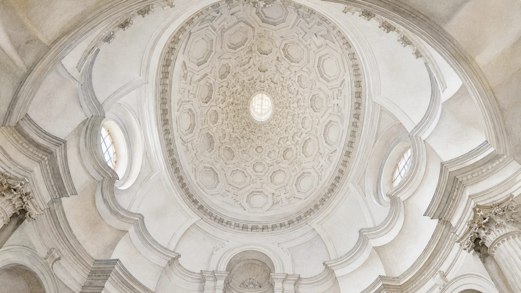 Original documentary watercolour of the white coffered oval dome inside San Carlo alle Quattro Fontane