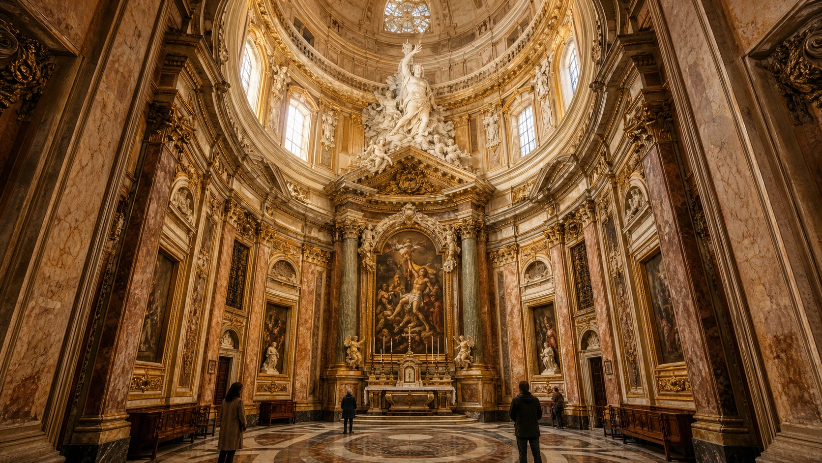 Original documentary watercolour of the oval interior and luminous dome of Sant’Andrea al Quirinale
