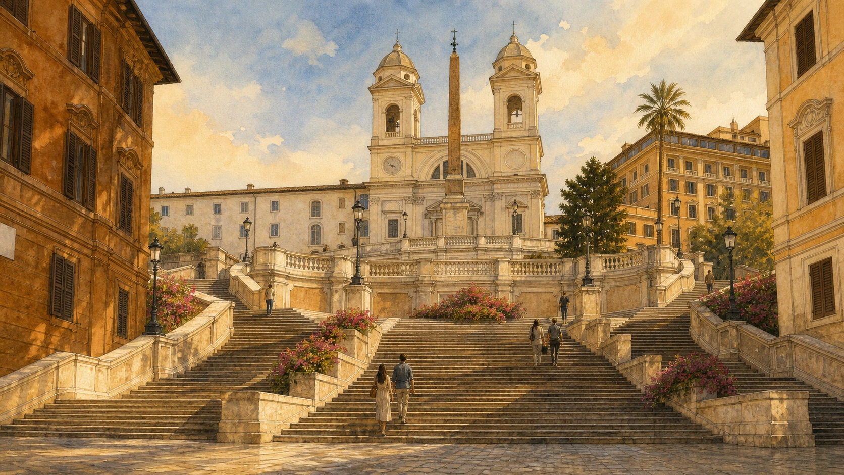 Original documentary watercolour looking up the Spanish Steps toward Trinità dei Monti