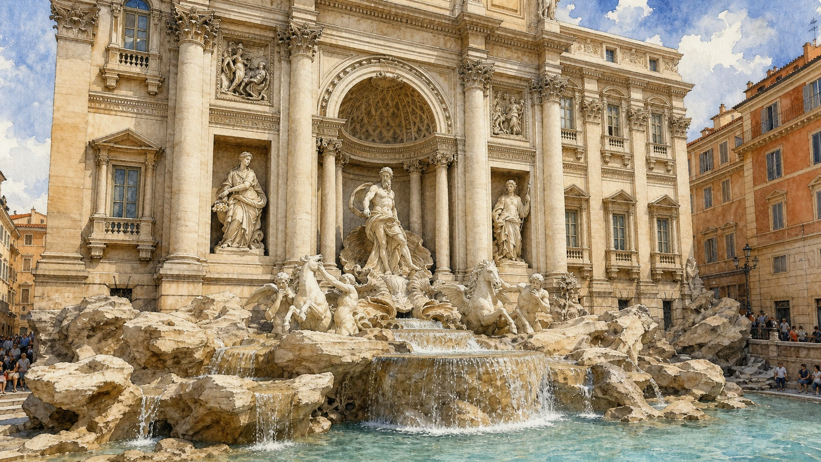 Original documentary watercolour of the Trevi Fountain with Oceanus, the shell chariot and Palazzo Poli