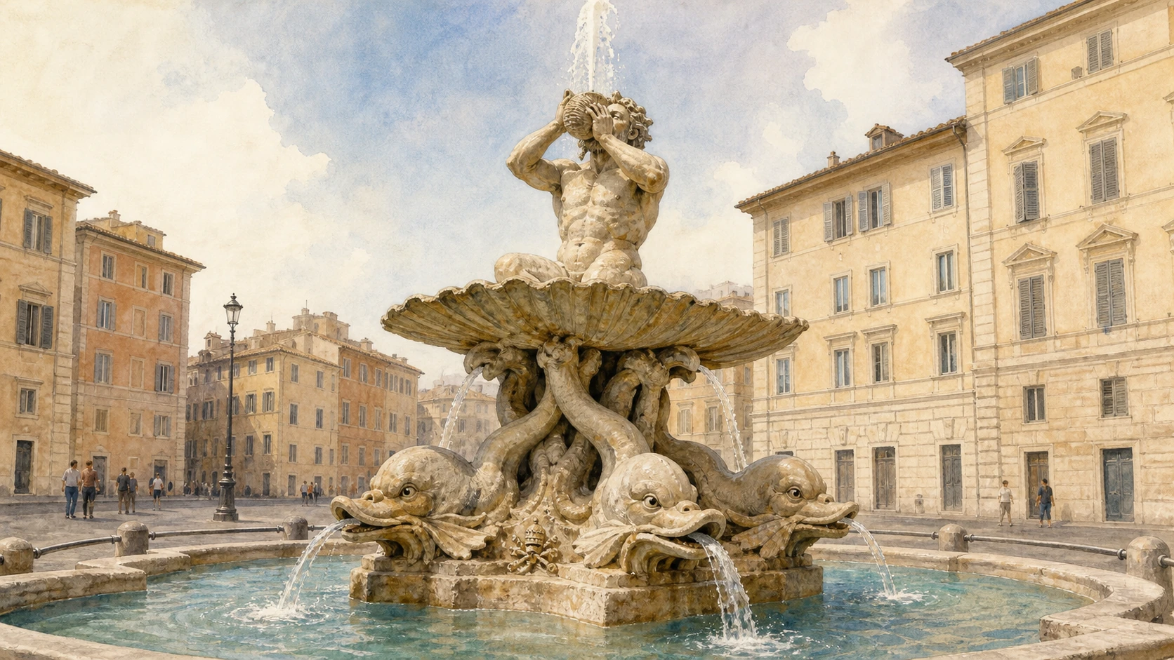 Original documentary watercolour of Bernini’s Triton Fountain above dolphins and an open shell