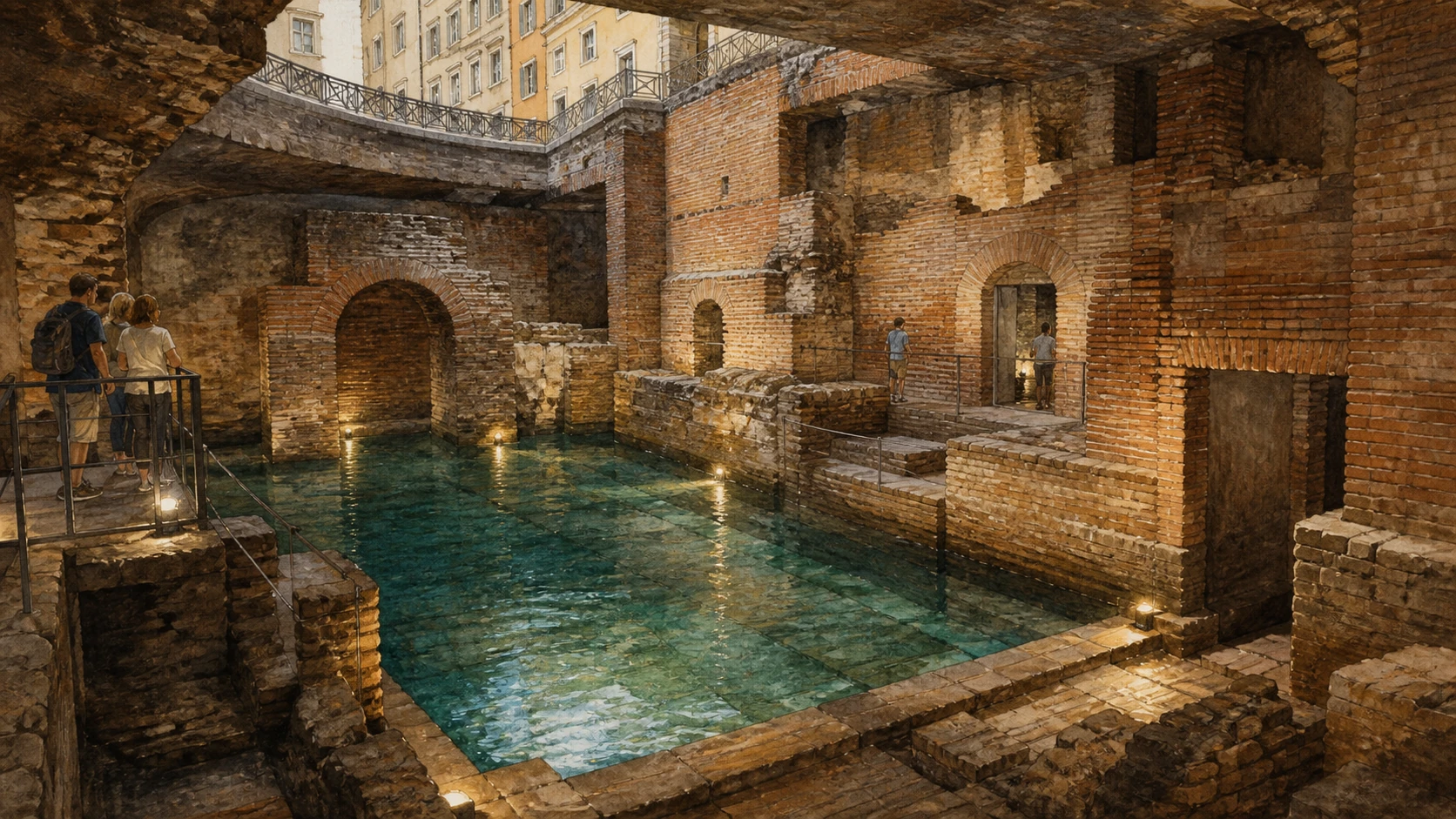 Original documentary watercolour of the brick rooms and water reservoir beneath Vicus Caprarius
