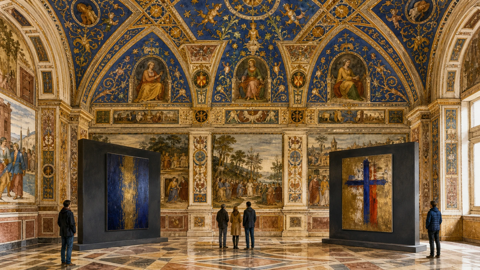 Original documentary watercolour of Pinturicchio's decorated Borgia Apartment with discreet modern art display