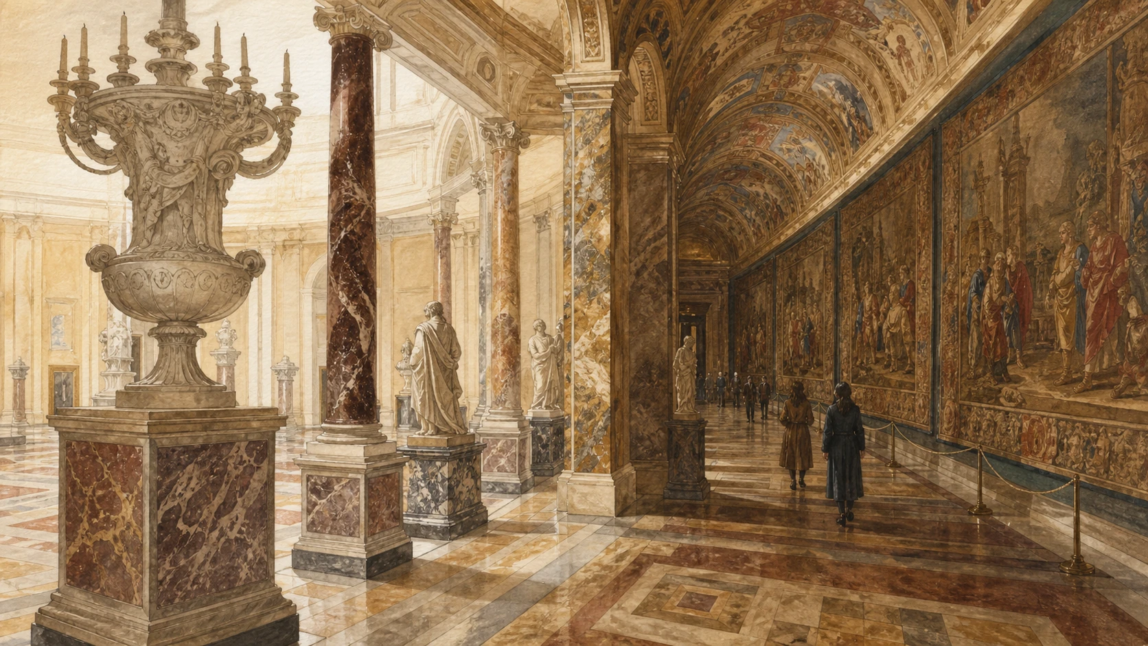 Original documentary watercolour of marble candelabra opening toward the dim Gallery of the Tapestries