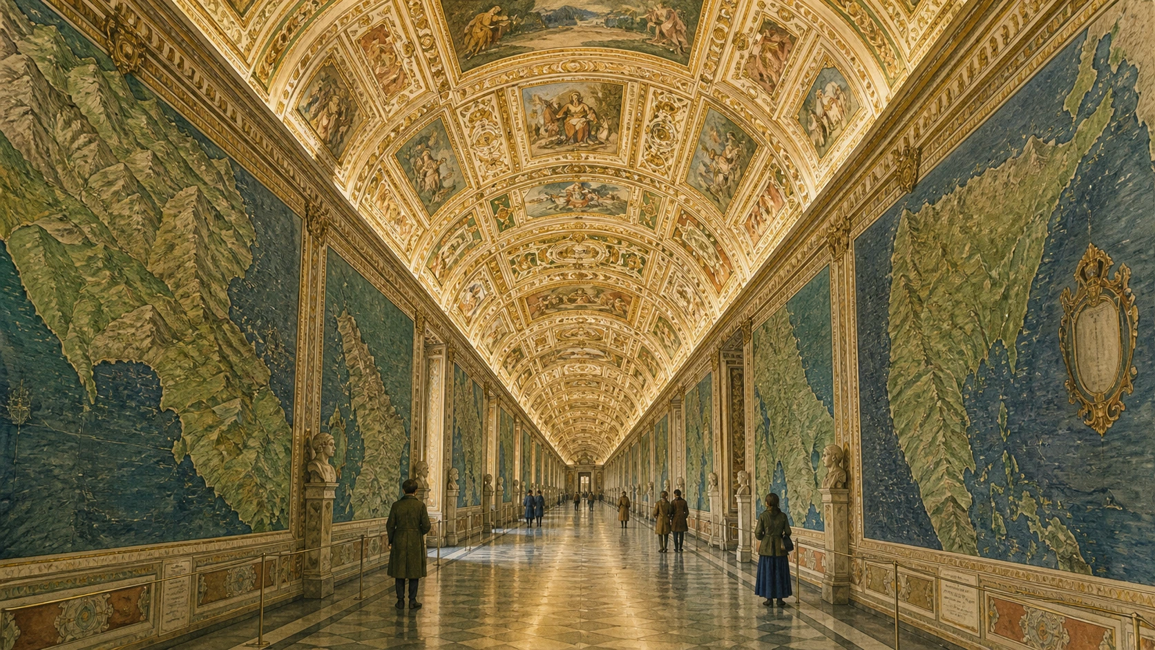 Original documentary watercolour looking down the Vatican Gallery of Maps with territorial frescoes and golden vault