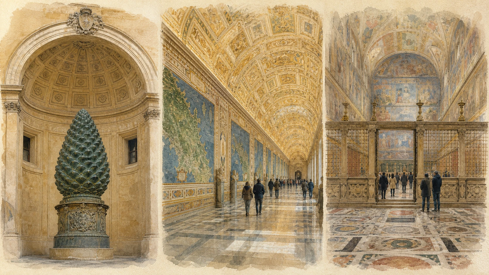 Documentary watercolour of the Vatican Museums and Sistine Chapel