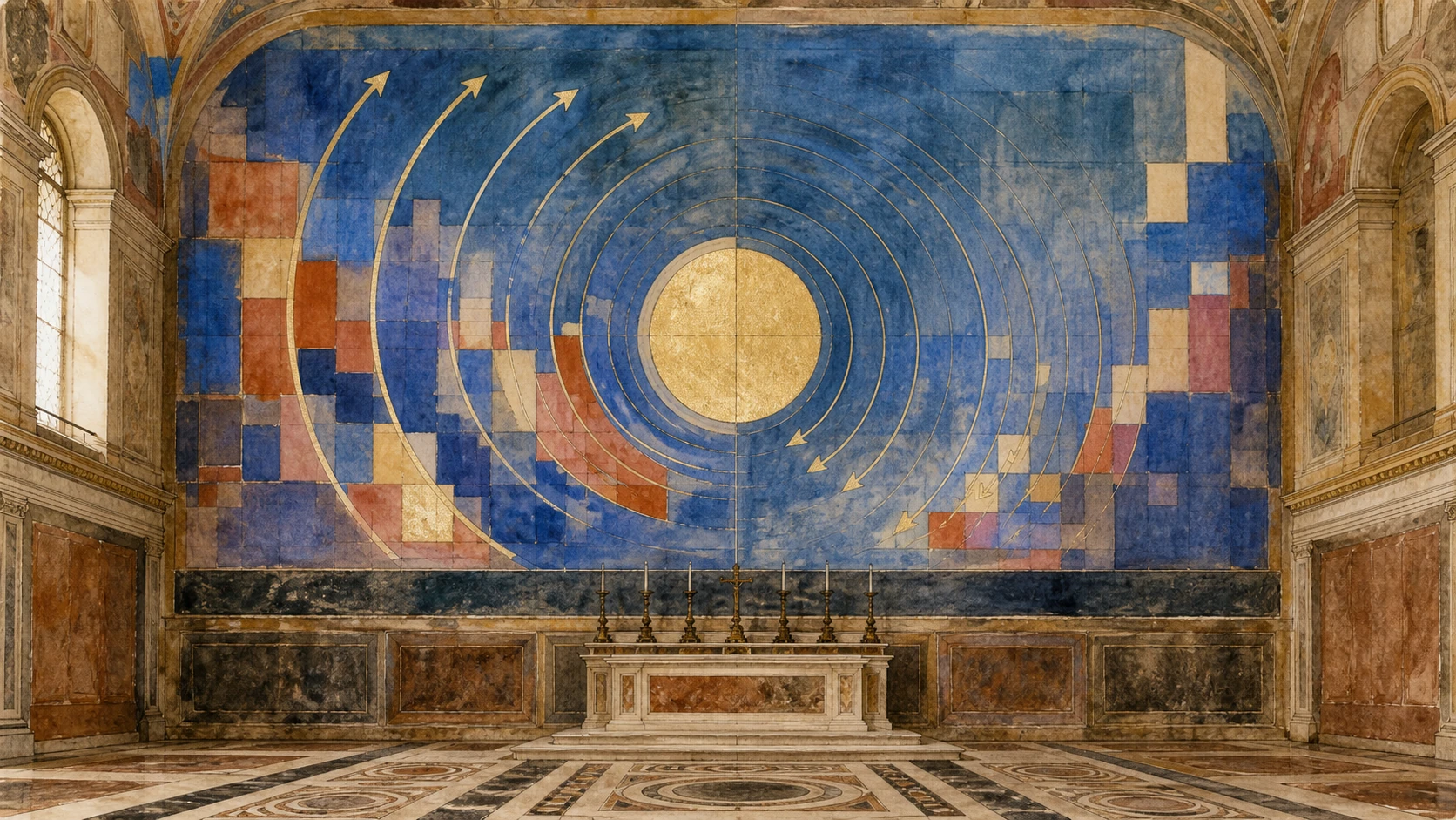 Original diagrammatic documentary watercolour explaining the circular movement and blue field of Michelangelo's Last Judgement