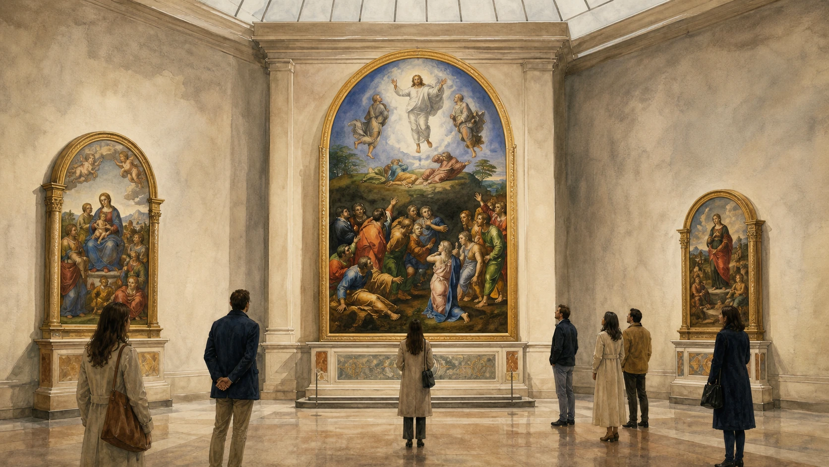 Original documentary watercolour of the Vatican Pinacoteca with Raphael's Transfiguration displayed in its gallery