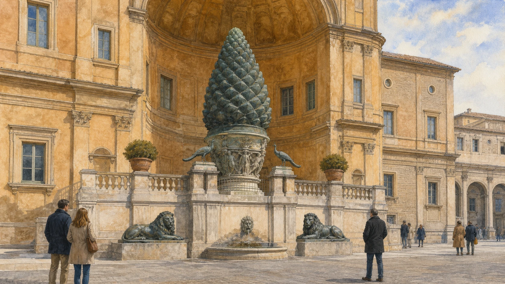 Original documentary watercolour of the bronze Pinecone, Egyptian lions and great niche in the Vatican courtyard