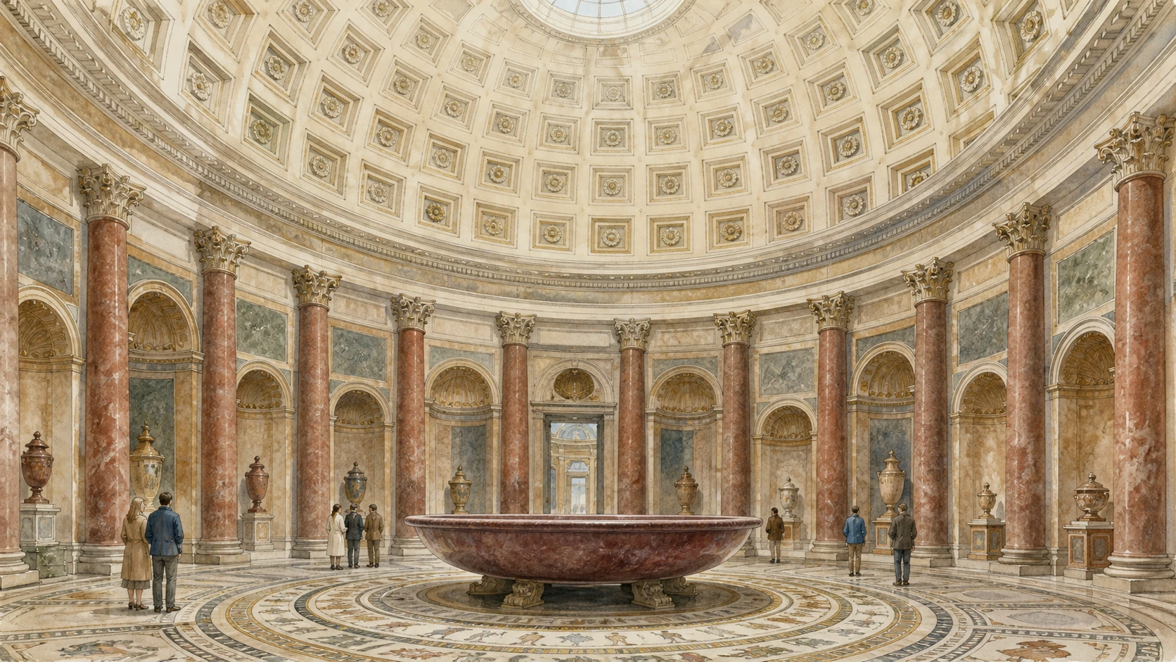 Original documentary watercolour of the coffered Round Hall, porphyry basin and mosaic floor in the Pio Clementino Museum