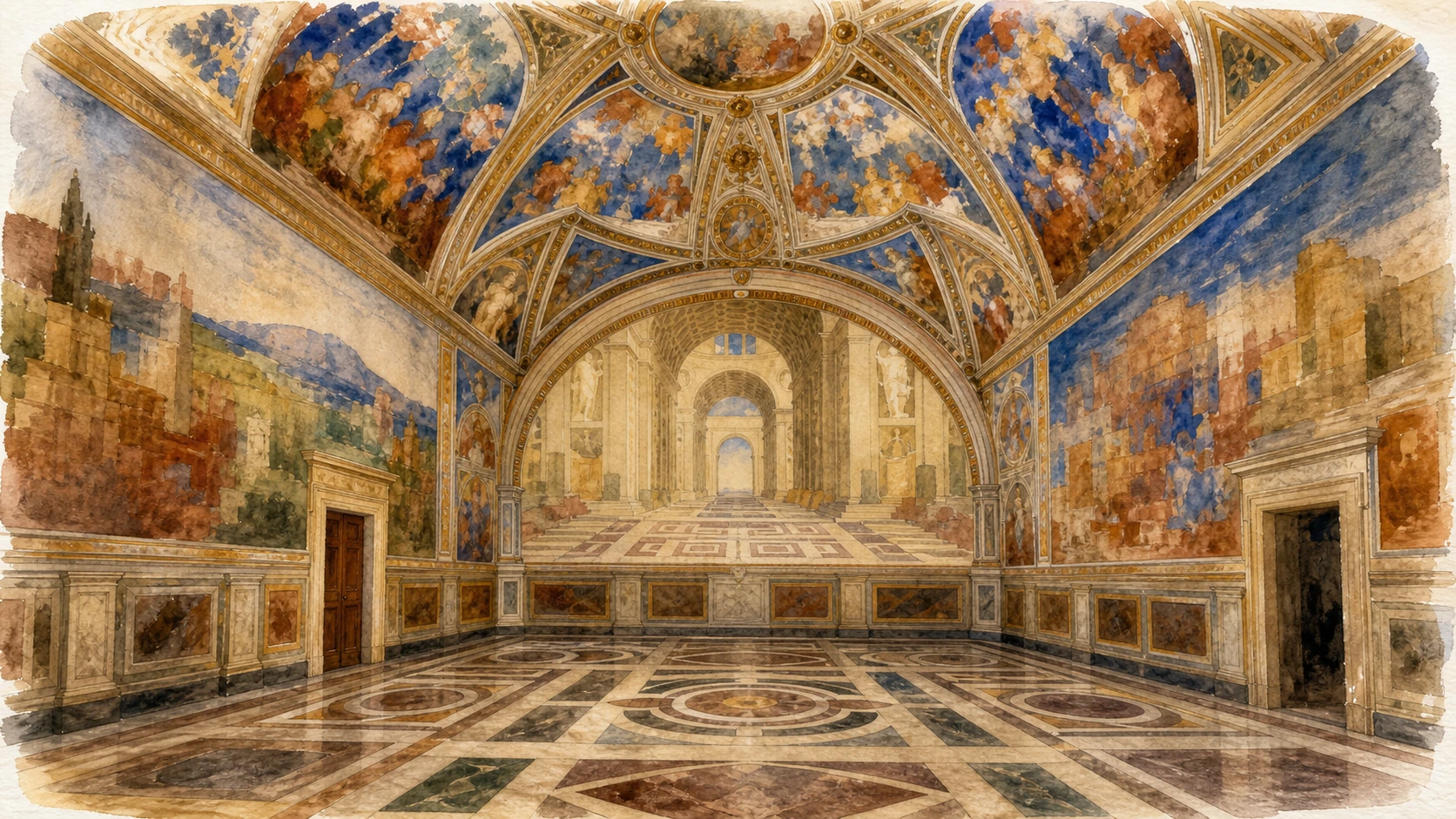 Original documentary watercolour of Raphael's School of Athens in the Room of the Segnatura