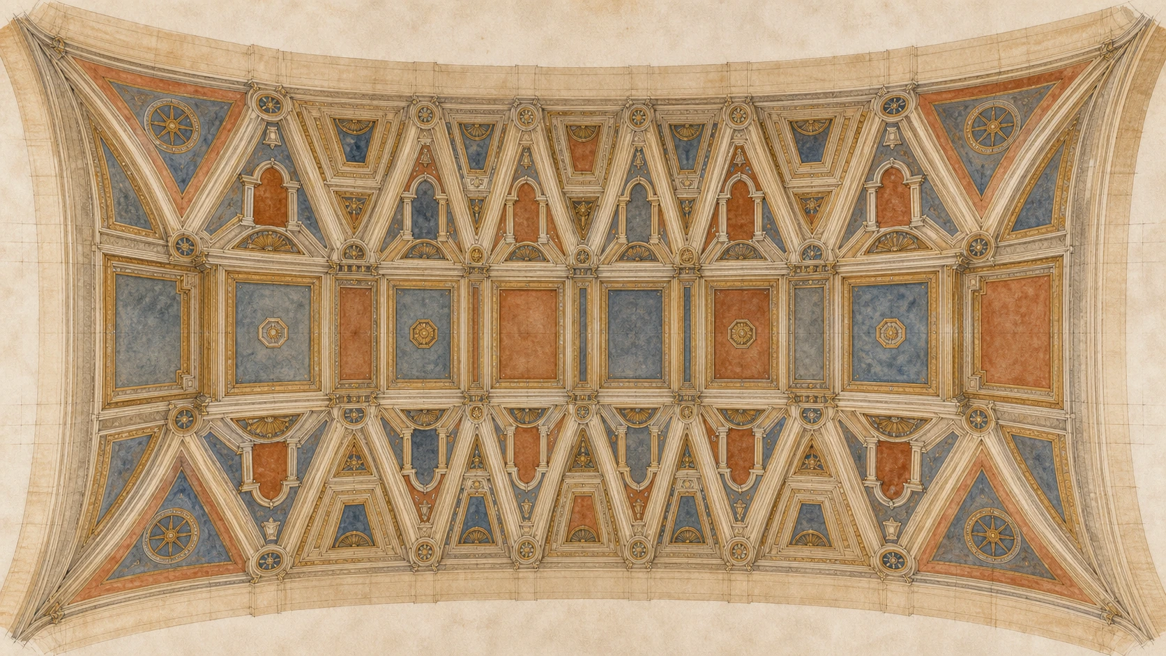 Original diagrammatic documentary watercolour of the painted architectural framework and nine-panel structure of the Sistine ceiling