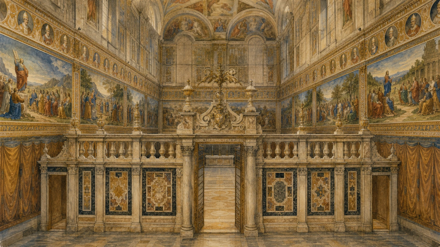 Original documentary watercolour of the Sistine Chapel long walls, marble screen and fifteenth-century Moses and Christ cycles