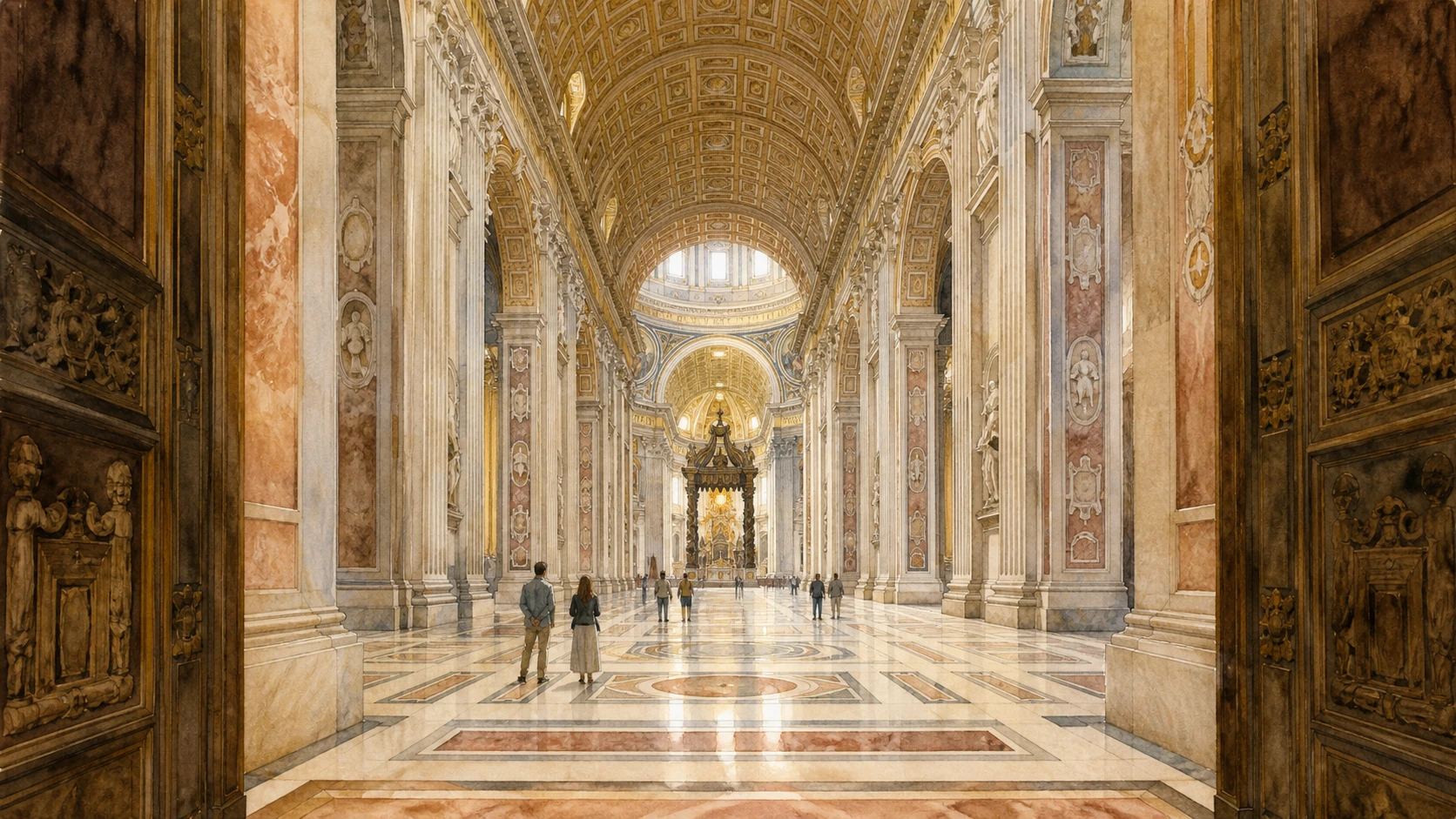 Original documentary watercolour from Saint Peter's atrium into Maderno's nave with the distant baldachin and dome