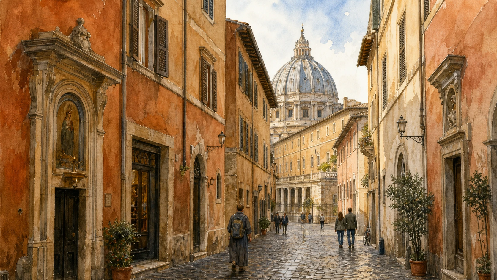 Original documentary watercolour of a narrow Borgo street opening toward Santo Spirito and a partial view of Saint Peter's dome